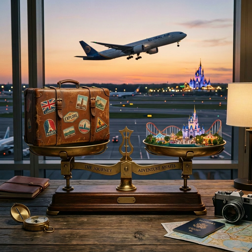 A scale balancing a vintage suitcase with travel stickers and a miniature theme park scene